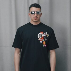 black flowery T-shirt